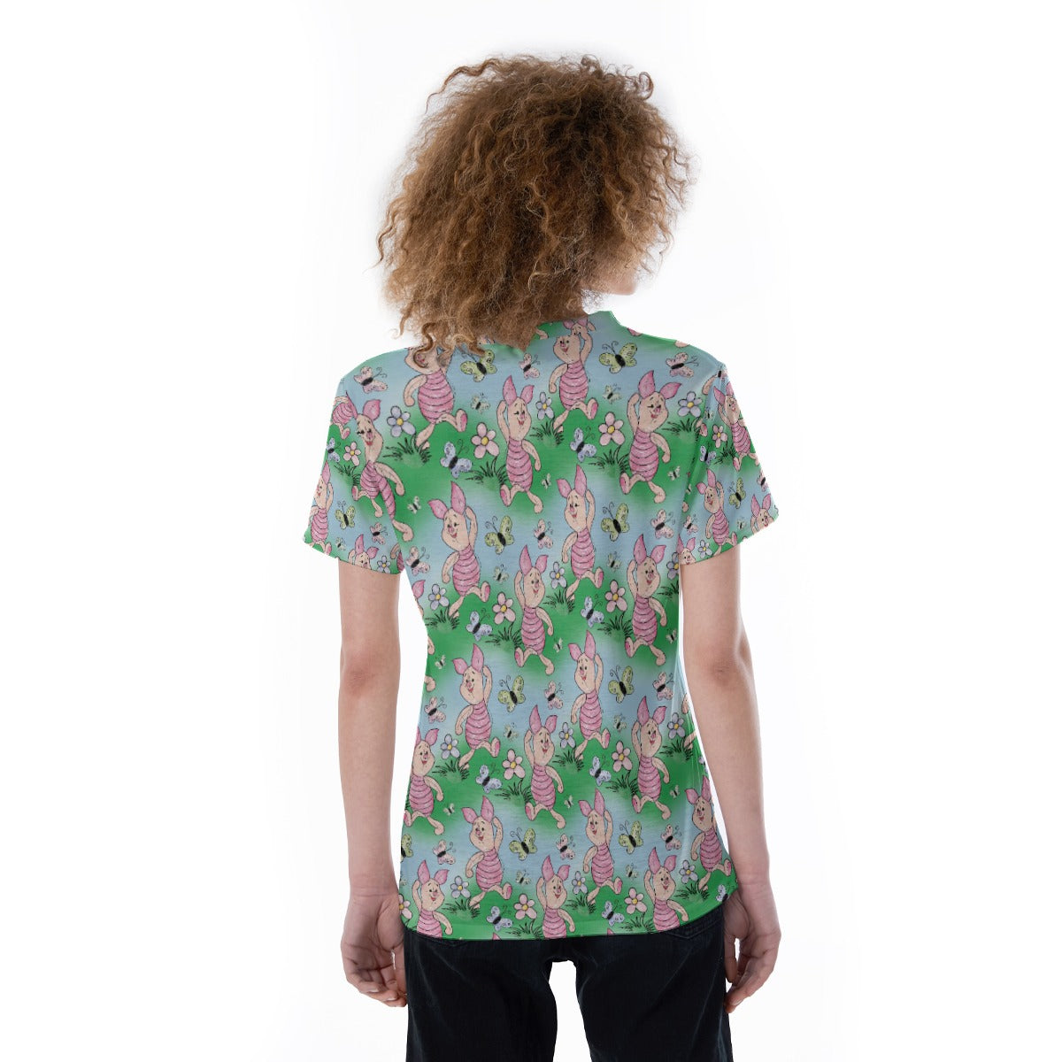 Sketched Shy Friend and Butterflies - Women's Short Sleeve V-Neck T-Shirt