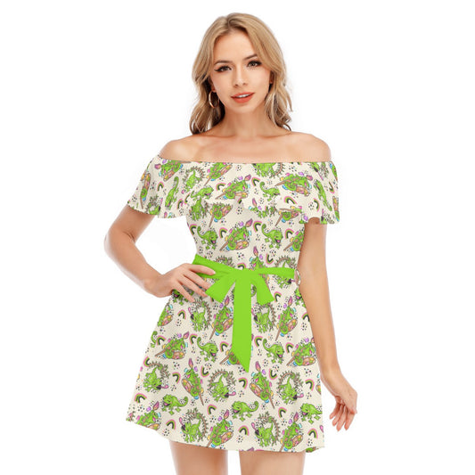 Colorful Chameleon Splash - Women's Off-shoulder Ruffle Dress