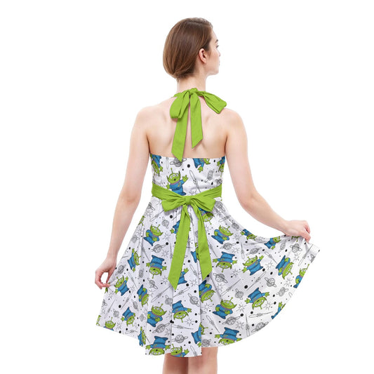 Playful Green Aliens on White - Women's Halter Vintage Pocket Dress