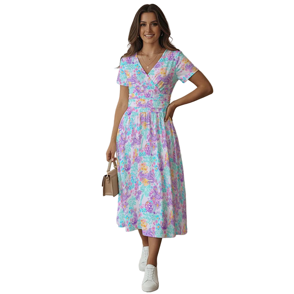 Purple Dragon Flower Power - Women's V-Neck Ruched Midi Dress