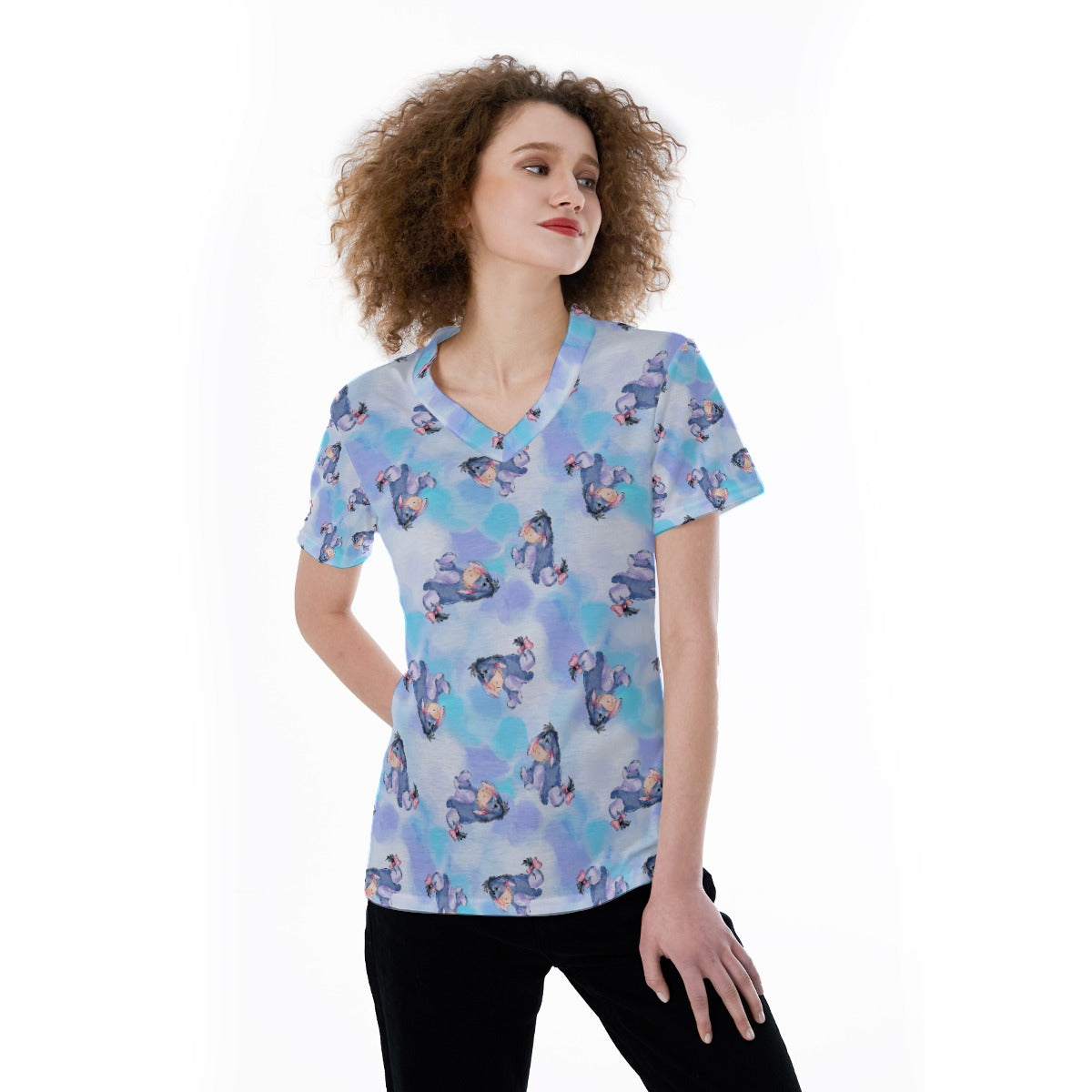 Watercolor Gentle Donkey - Women's Short Sleeve V-Neck T-Shirt