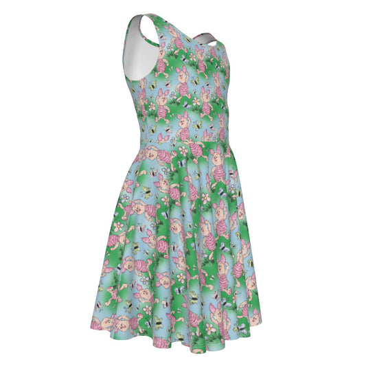Sketched Shy Friend and Butterflies - Kid's Sleeveless Skater Dress