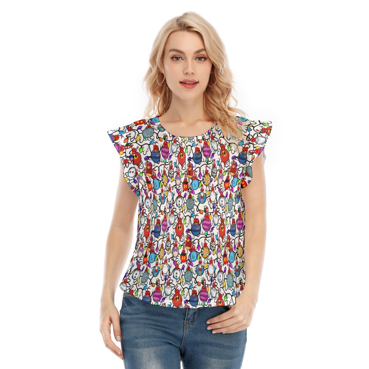 Festive Character Baubles on White - Women’s Flutter Sleeve Top
