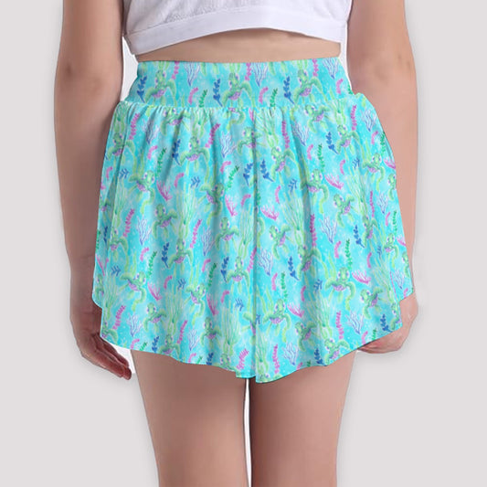 Neon Floral Baby Turtle - Girls’ Flowy Pocket Shorts