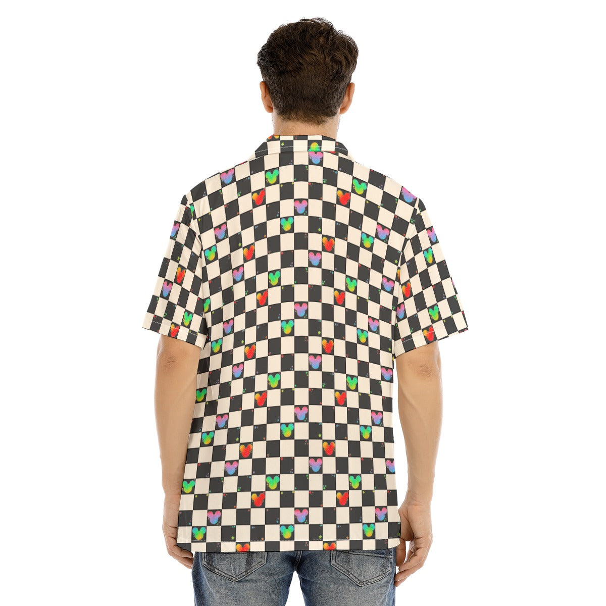 Rainbow Checker Mouse Ears - Men's Hawaiian Button Up Shirt