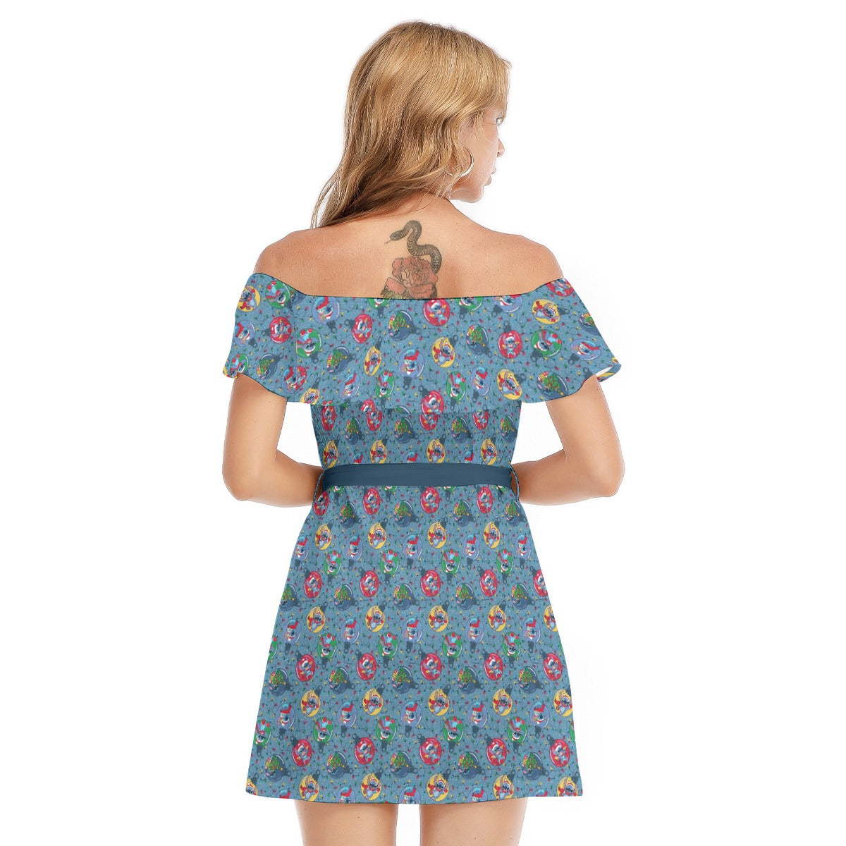 Holiday Baubles with Mischievous Blue Alien - Women's Off-shoulder Ruffle Dress