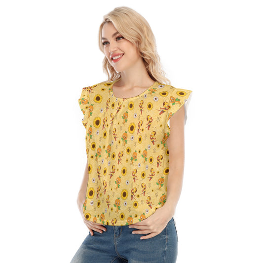 Cheerful Bee & Citrus Bird - Women’s Flutter Sleeve Top
