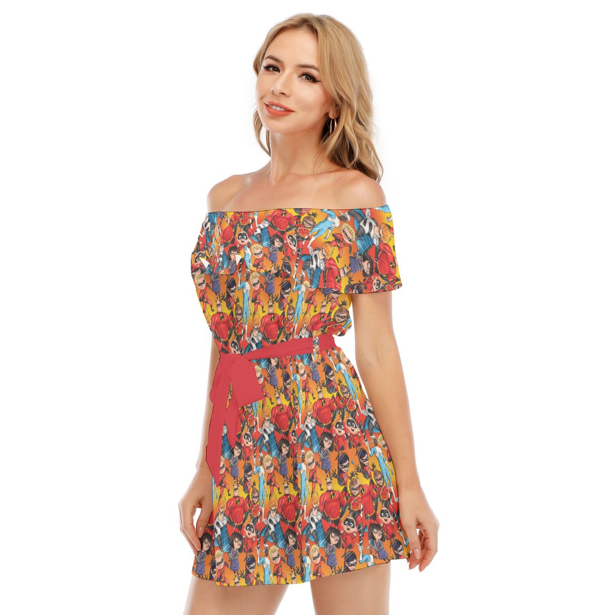 Super Squad Sketched - Women's Off-shoulder Ruffle Dress
