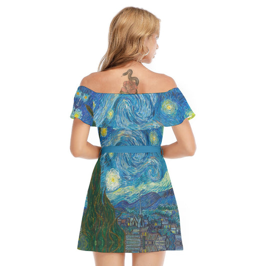 Van Gogh Starry Night - Women's Off-shoulder Ruffle Dress