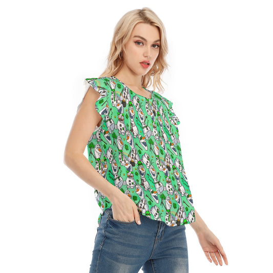 Sketched Snowman St. Patrick’s Day - Women’s Flutter Sleeve Top