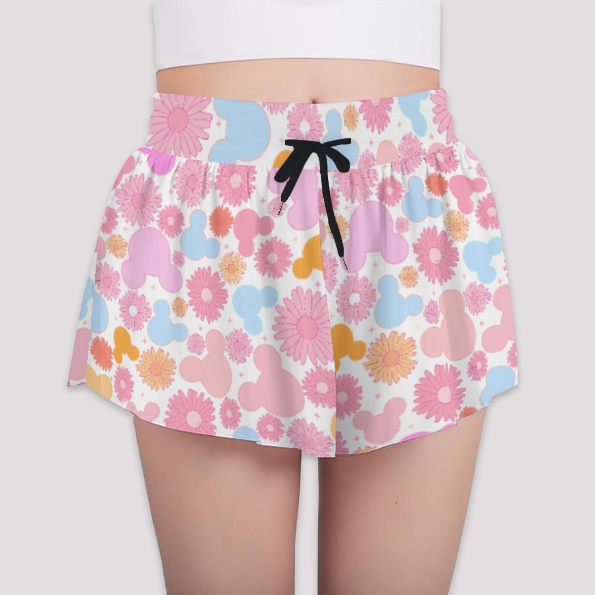 Retro Floral Mouse - Girls’ Flowy Pocket Shorts
