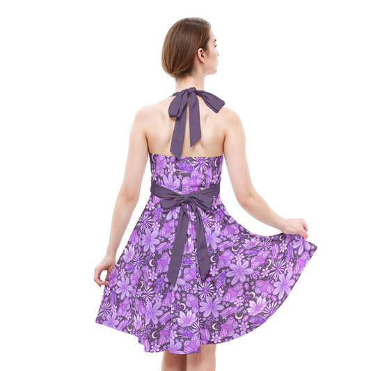 Purple Crystal Moths - Women's Halter Vintage Pocket Dress