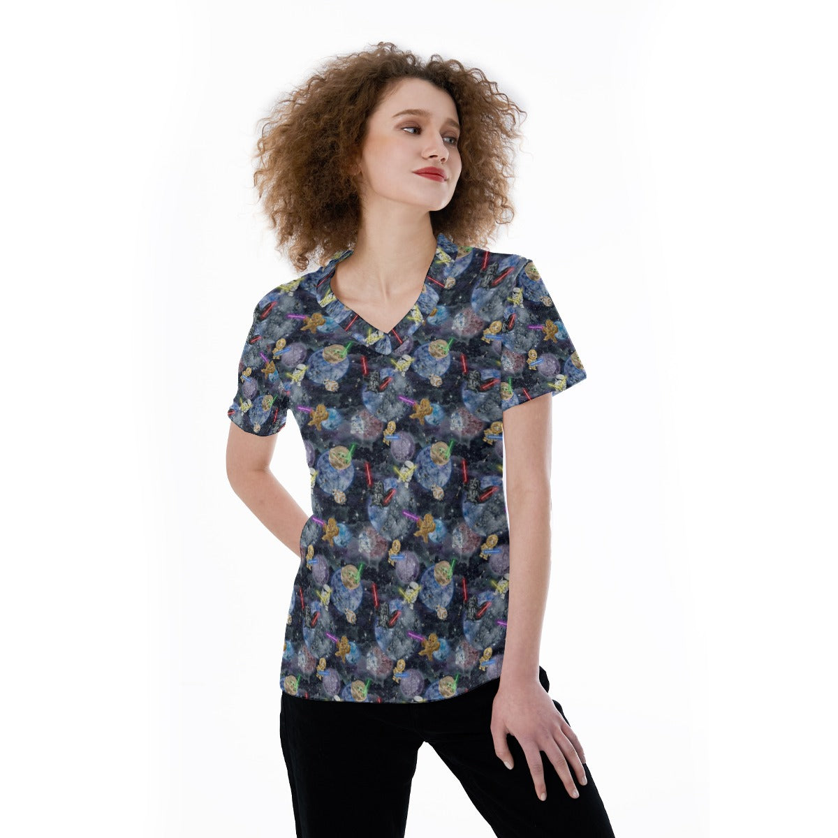 Watercolor Cosmic Battle - Women's Short Sleeve V-Neck T-Shirt