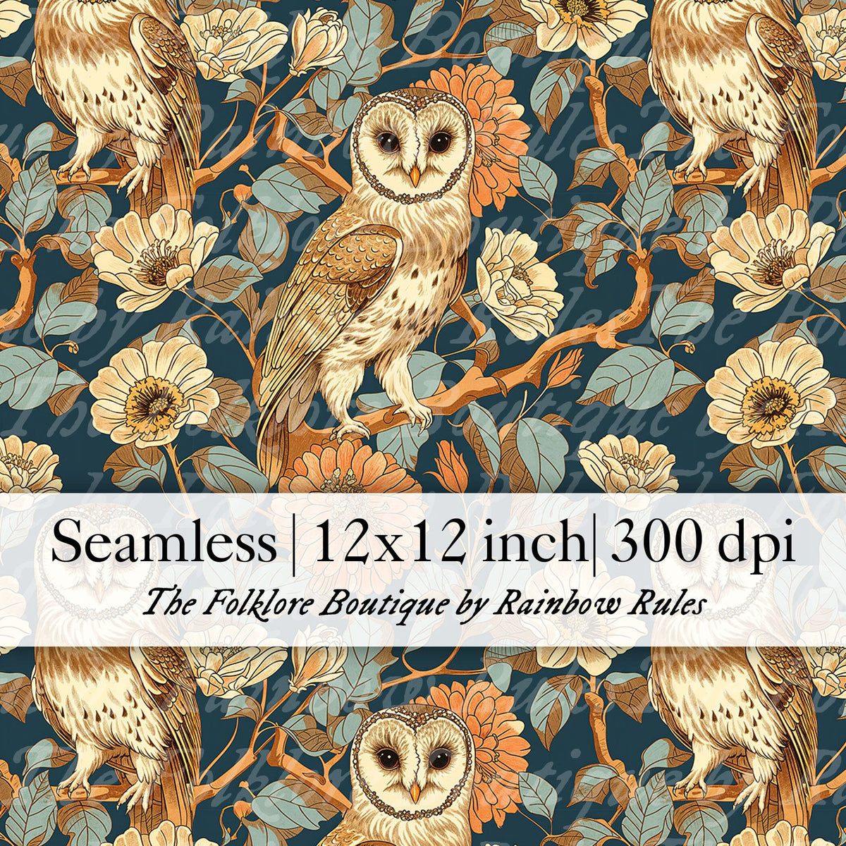 Owls and Florals on Blue - Digital Seamless Pattern