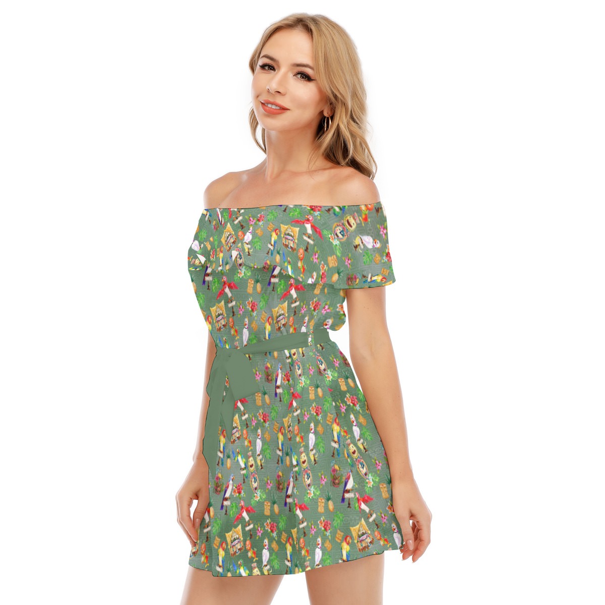 Orange Bird & Tiki Friends - Women's Off-shoulder Ruffle Dress