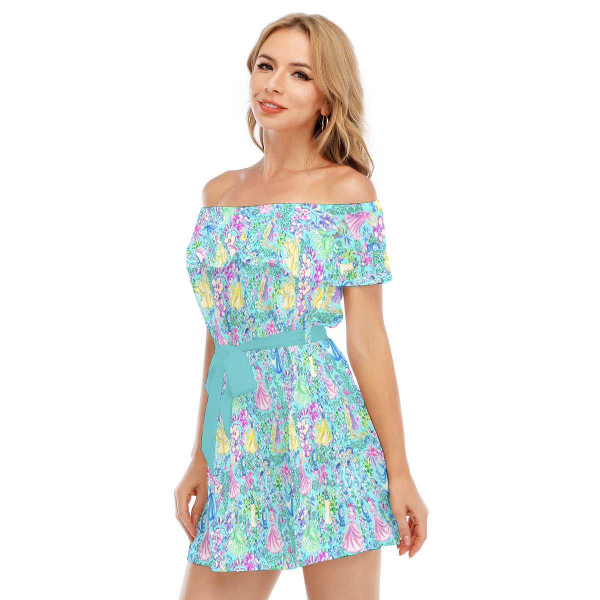 Bright Tropical Princess - Royal Garden Mashup - Women's Off-shoulder Ruffle Dress