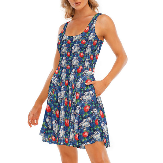 Little Blue Christmas Droid - Women's Sleeveless Pocket Skater Dress