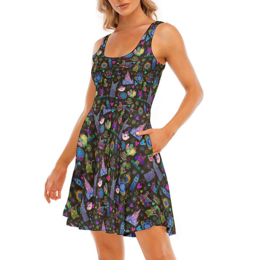 Main Street Neon Parade - Women's Sleeveless Pocket Skater Dress