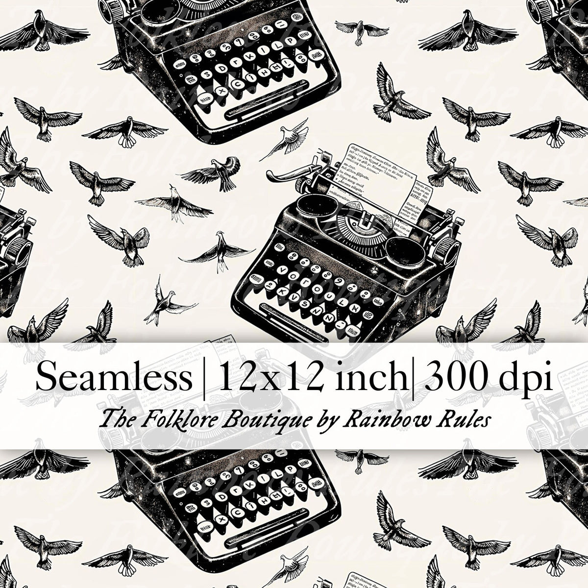 Monochrome Typewriters & Birds - Digital Seamless Pattern