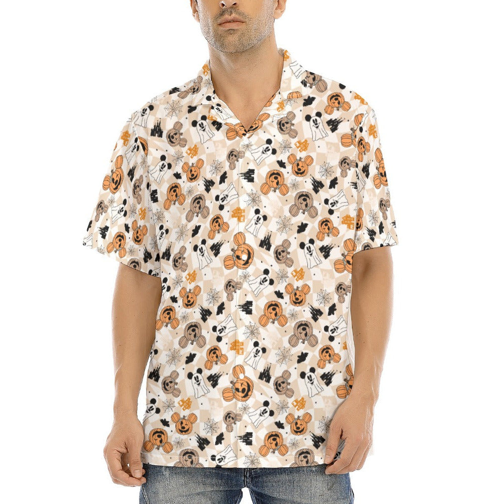 Checkered Halloween Ghosts & Pumpkins - Men's Hawaiian Button Up Shirt
