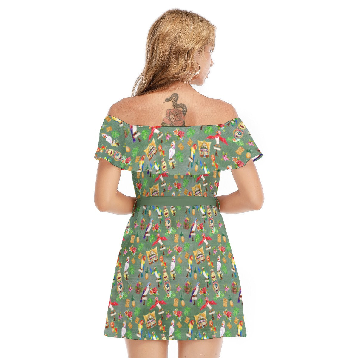 Orange Bird & Tiki Friends - Women's Off-shoulder Ruffle Dress