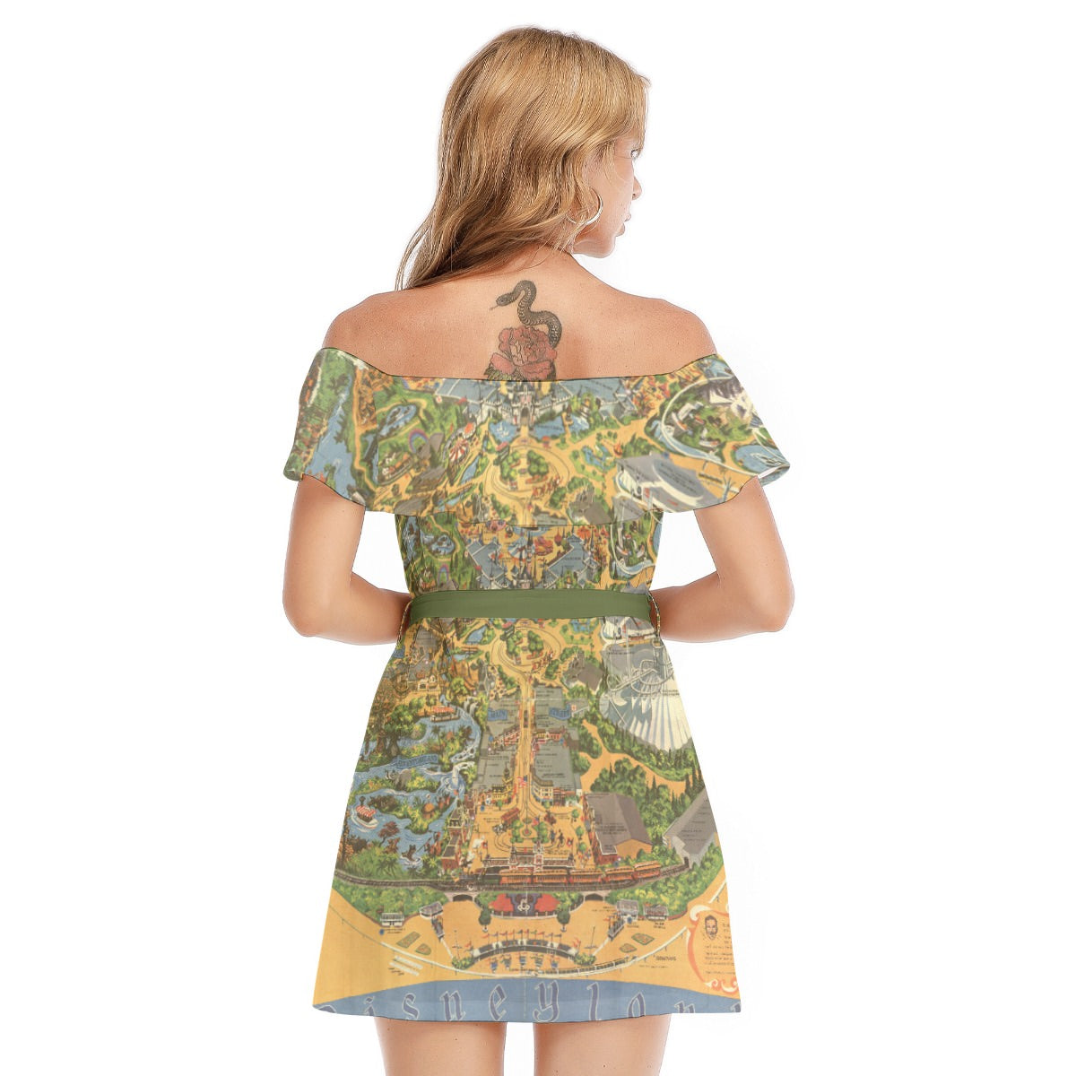 Vintage Theme Park Map - Women's Off-shoulder Ruffle Dress