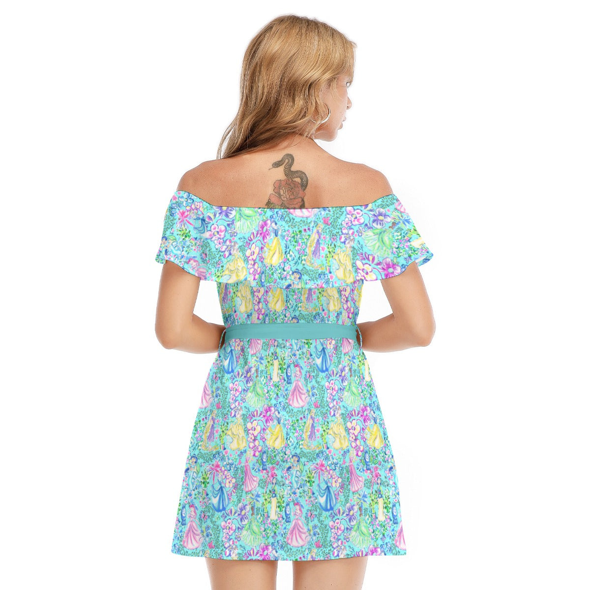 Bright Tropical Princess - Royal Garden Mashup - Women's Off-shoulder Ruffle Dress