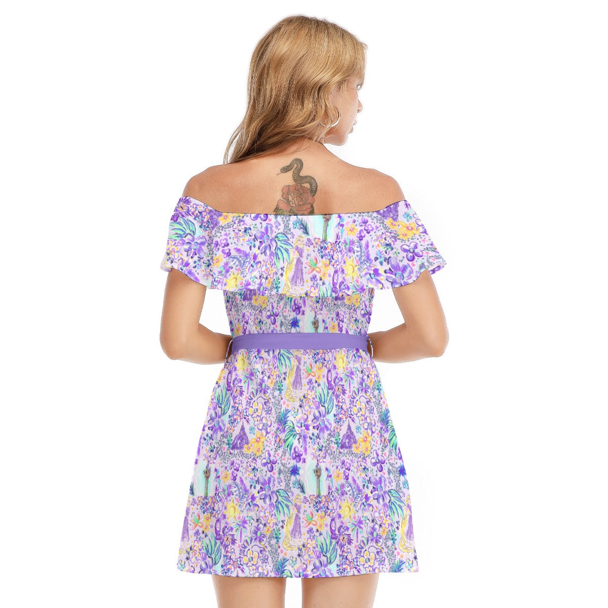 Bright Tropical Princess - Tower Light Festival - Women's Off-shoulder Ruffle Dress