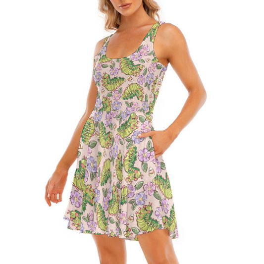 Cheerful Caterpillar Garden - Women's Sleeveless Pocket Skater Dress