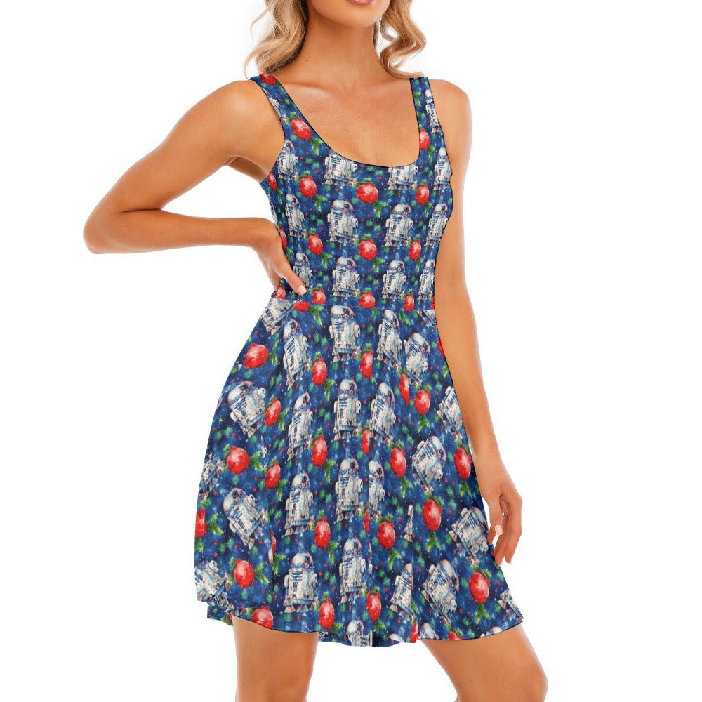 Little Blue Christmas Droid - Women's Sleeveless Pocket Skater Dress