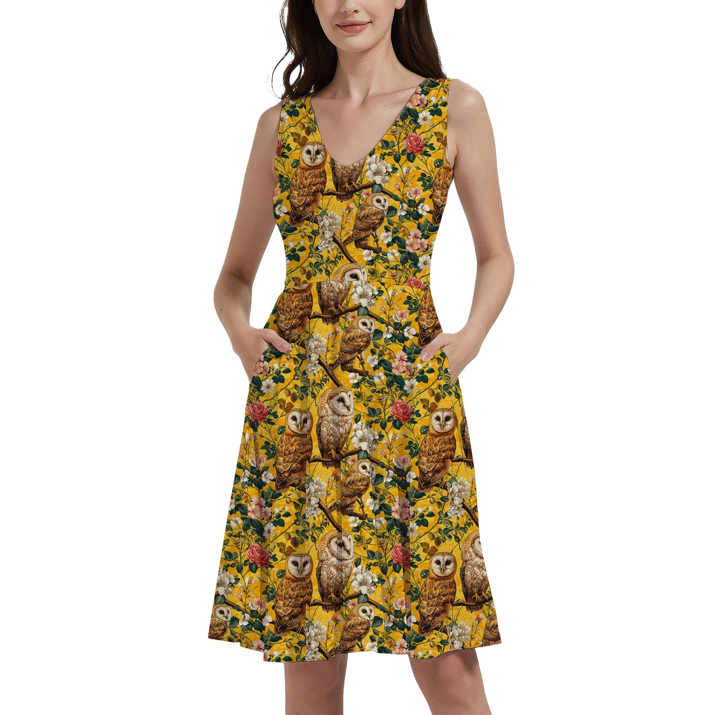 Vintage Owls and Florals on Yellow - Digital Seamless Pattern