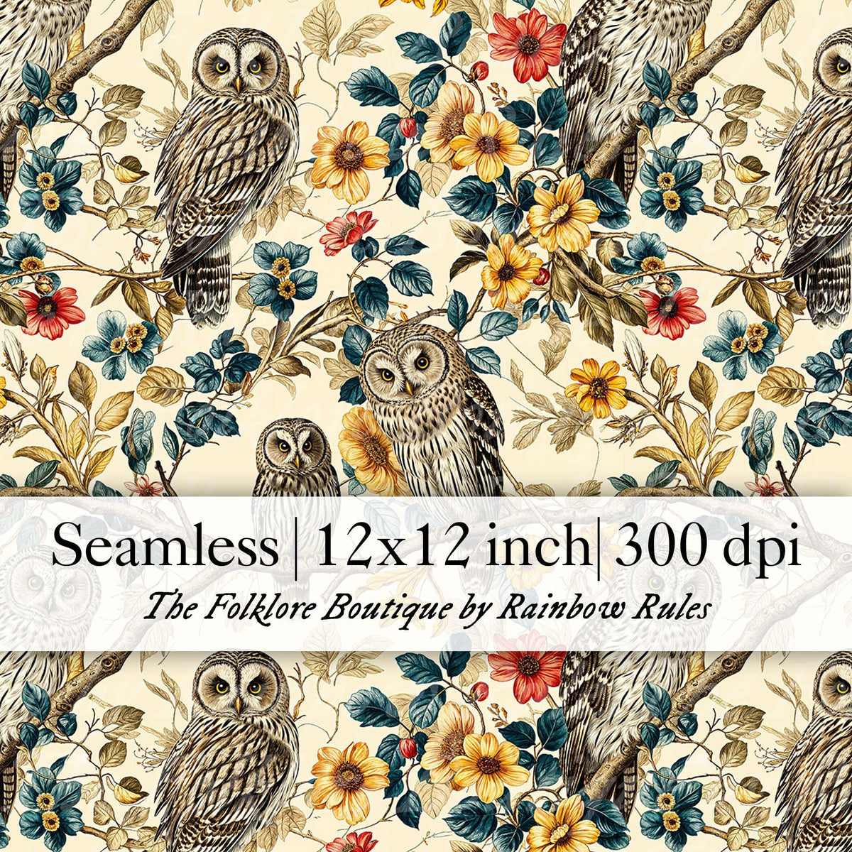 Vintage Floral Owls - Digital Seamless Pattern