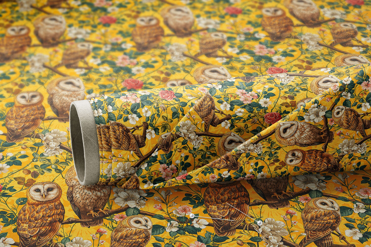 Vintage Owls and Florals on Yellow - Digital Seamless Pattern