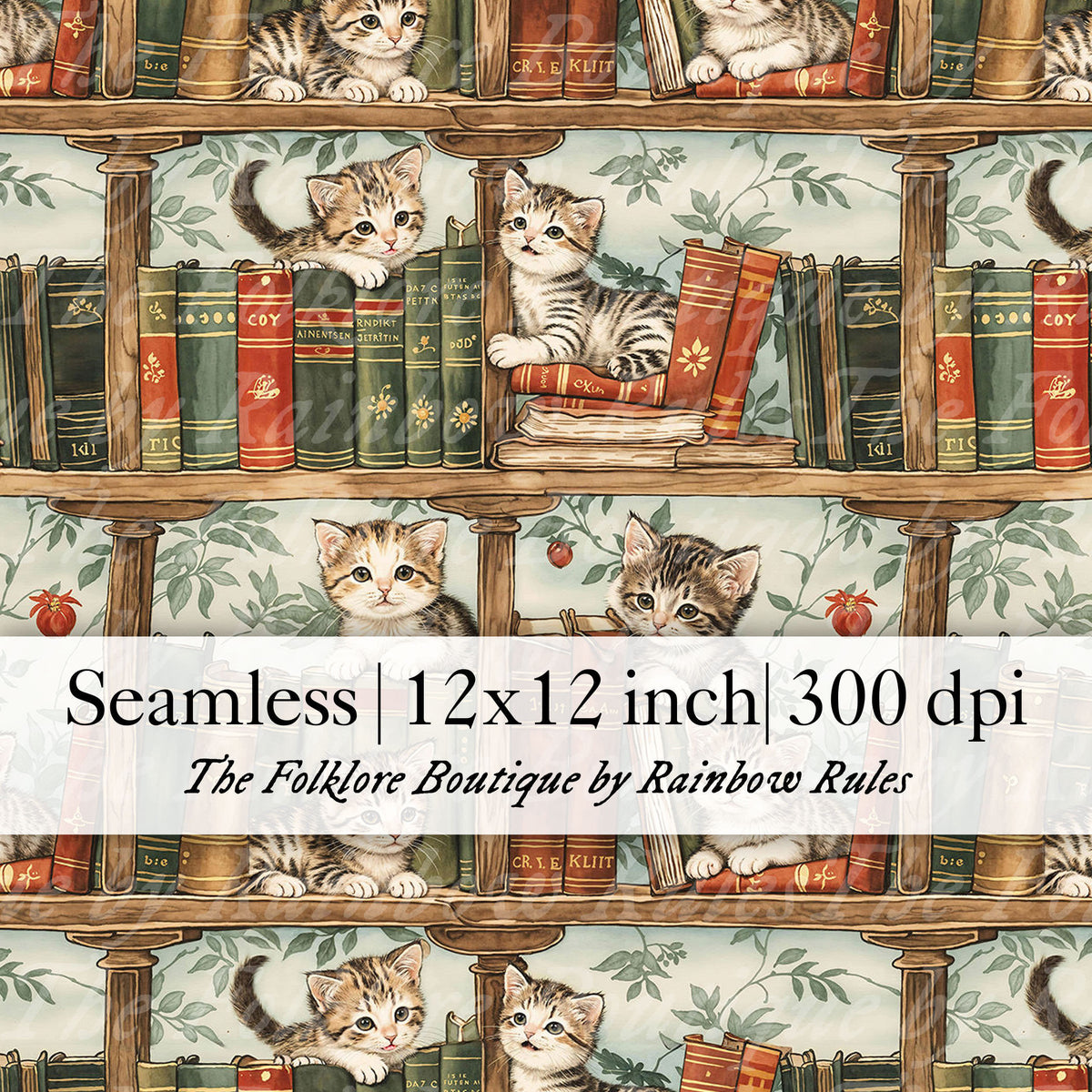 Cute Kittens on Bookshelves - Digital Seamless Pattern