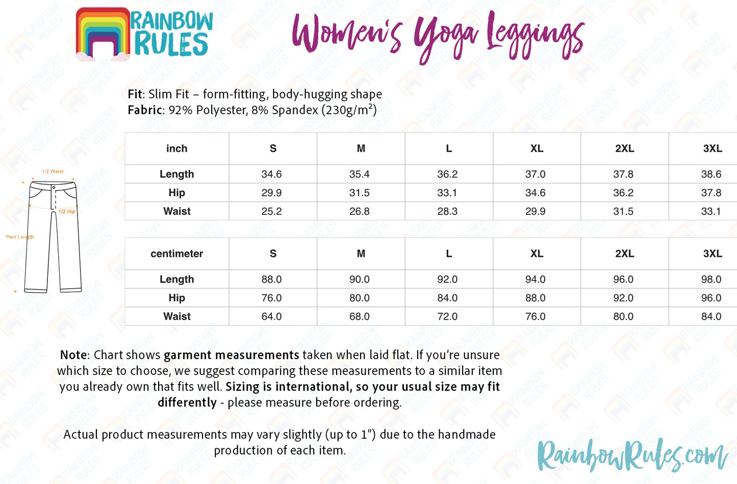 women's yoga leggings sizes chart