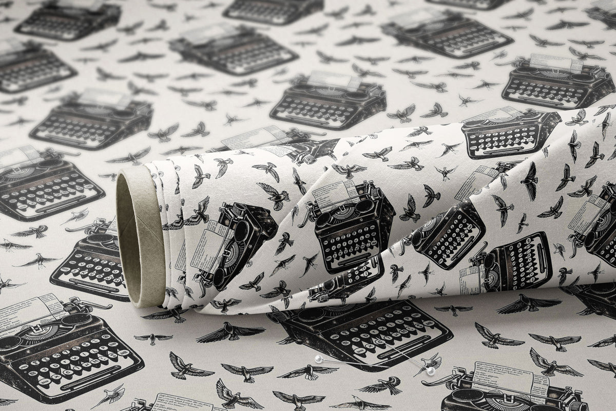 Monochrome Typewriters & Birds - Digital Seamless Pattern