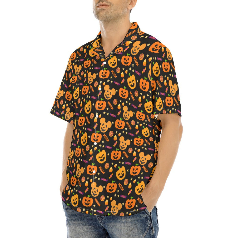 Cheerful Pumpkin Mouse Halloween - Men's Hawaiian Button Up Shirt