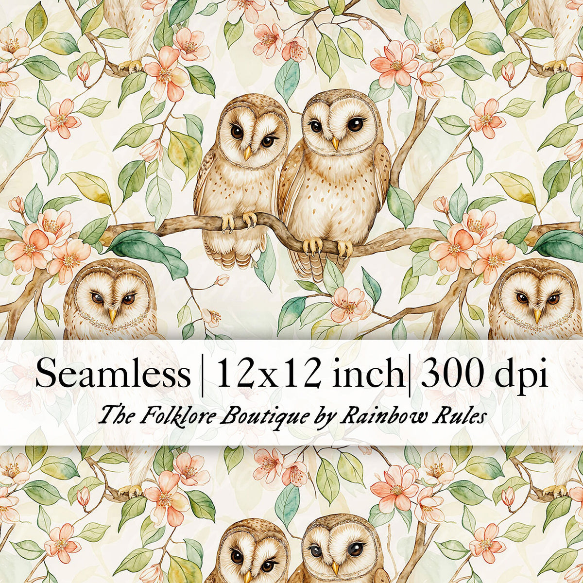 Pastel Floral Vintage Owls - Digital Seamless Pattern