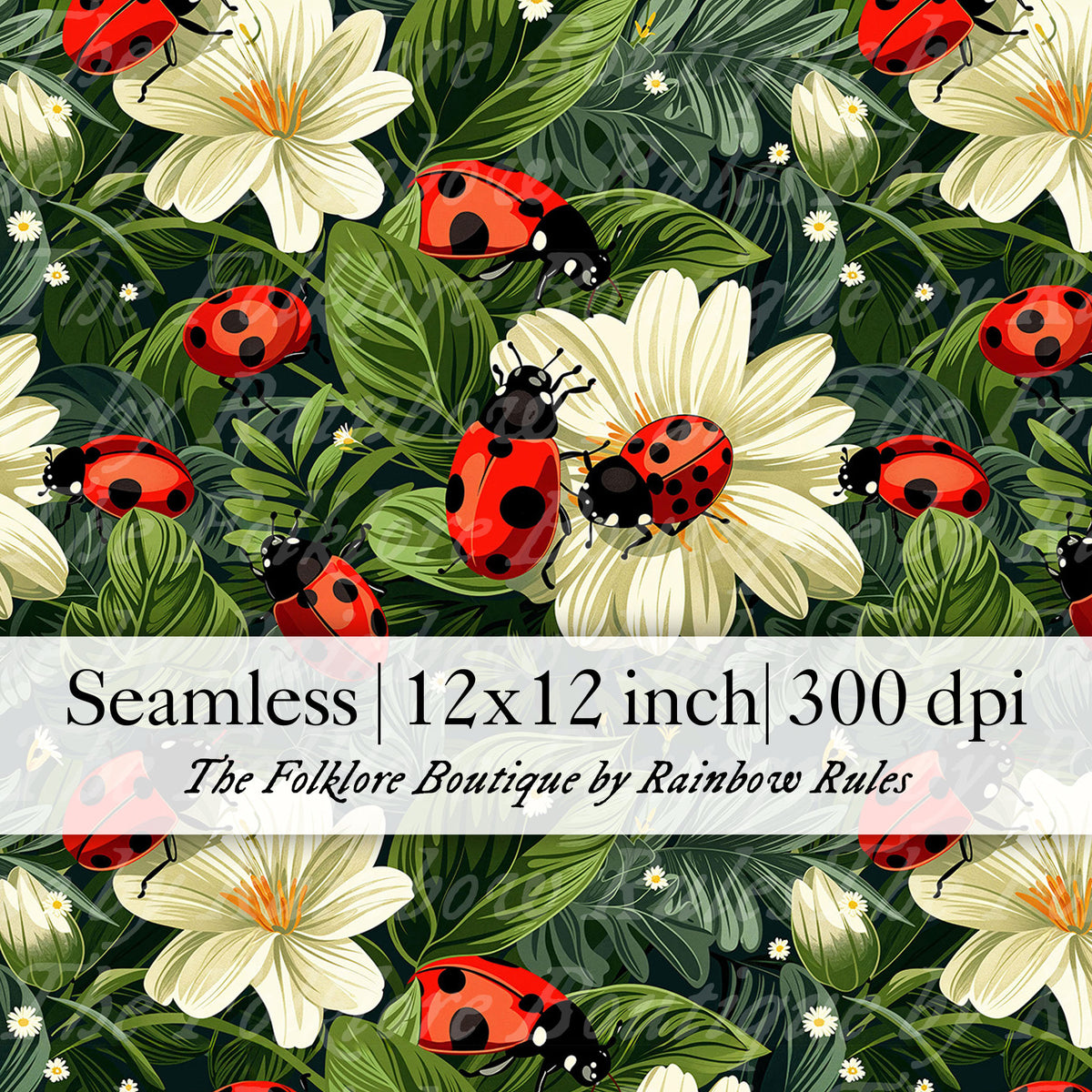 Vintage Ladybugs on Green - Digital Seamless Pattern