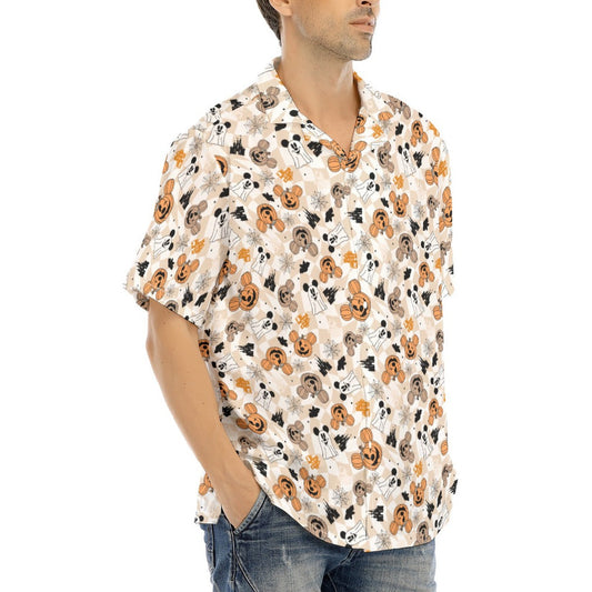 Checkered Halloween Ghosts & Pumpkins - Men's Hawaiian Button Up Shirt