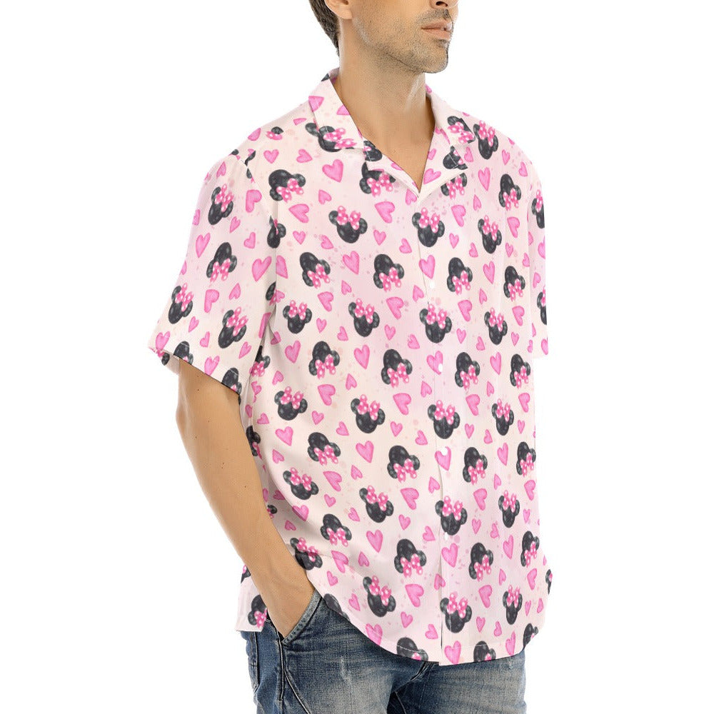 Watercolor Pink Bow Mouse Ears - Men's Hawaiian Button Up Shirt