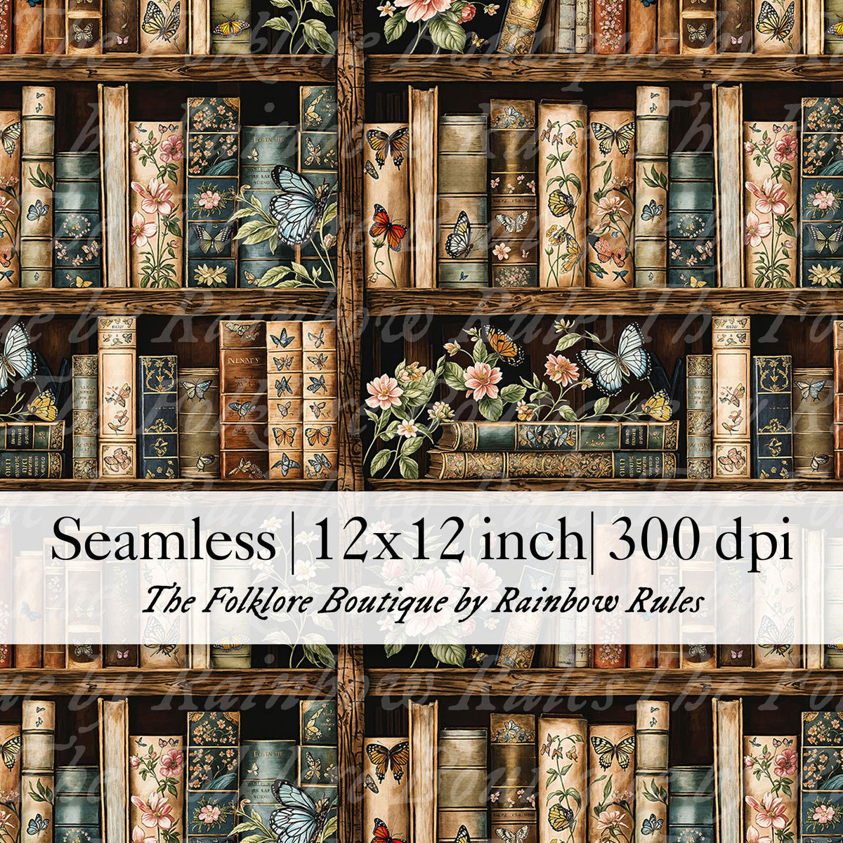 Vintage Books & Butterflies - Digital Seamless Pattern