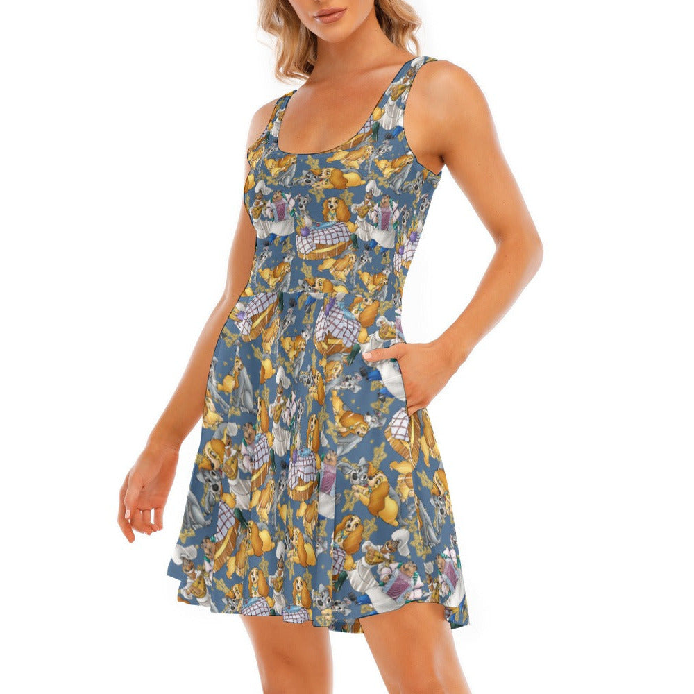 Puppy Love Sketch - Women's Sleeveless Pocket Skater Dress