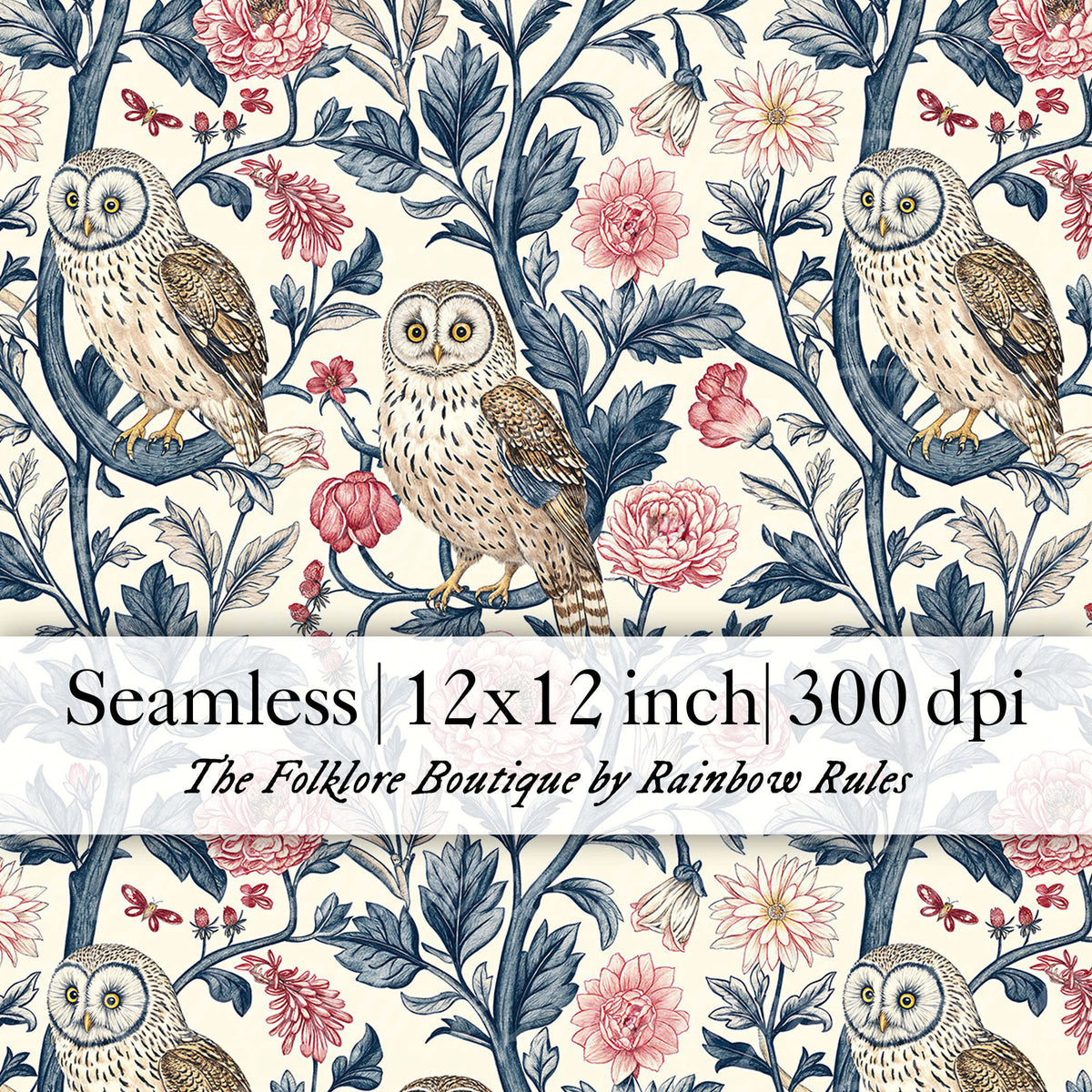 Vintage Owls and Florals in Blue - Digital Seamless Pattern