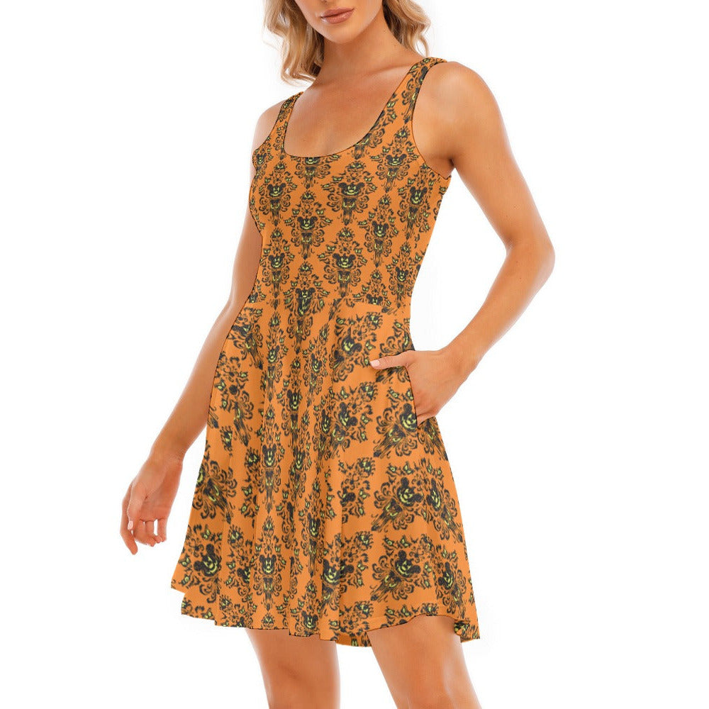 Haunted Halloween Mansion Wallpaper - Women's Sleeveless Pocket Skater Dress