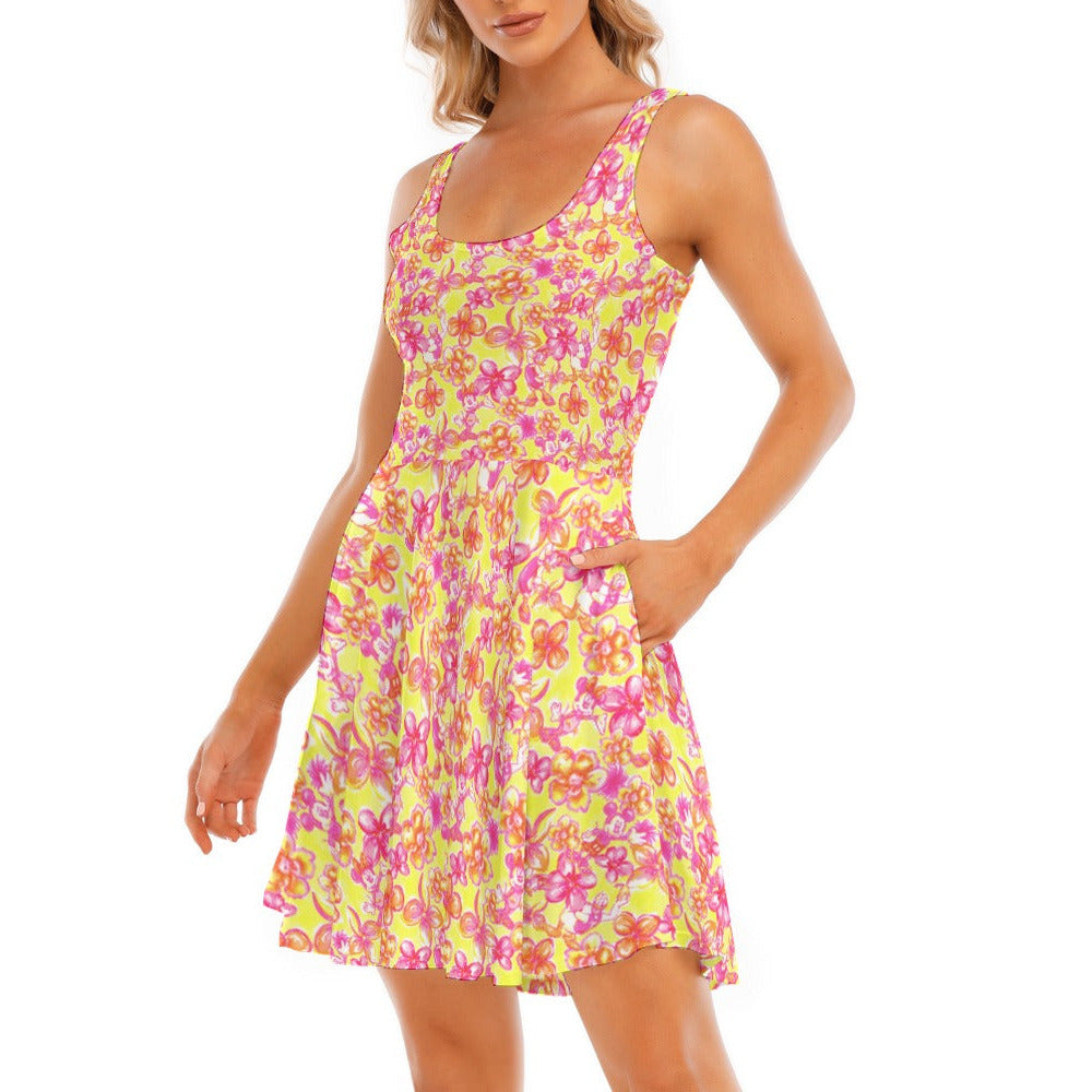 Neon Tropical Floral Friends - Women's Sleeveless Pocket Skater Dress