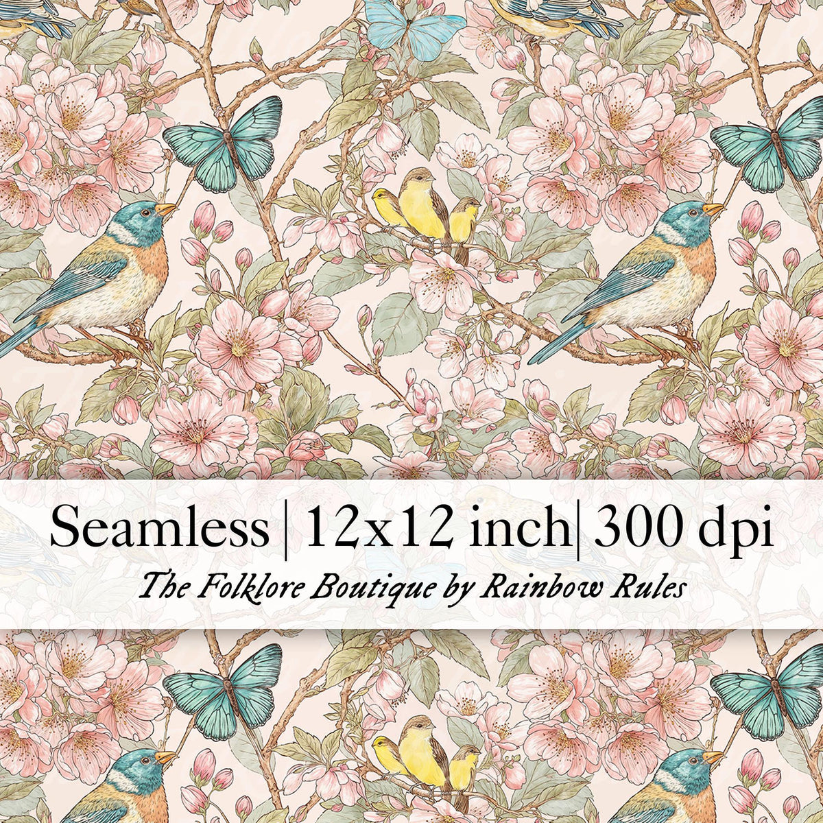 Vintage Birds and Cherry Blossoms - Digital Seamless Pattern