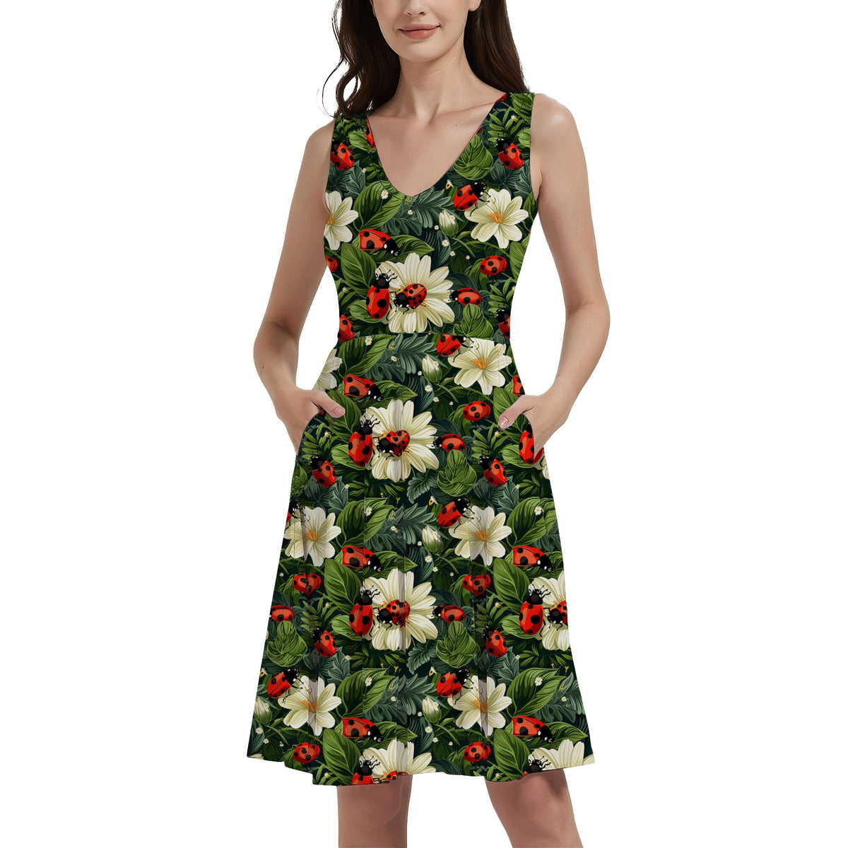 Vintage Ladybugs on Green - Digital Seamless Pattern