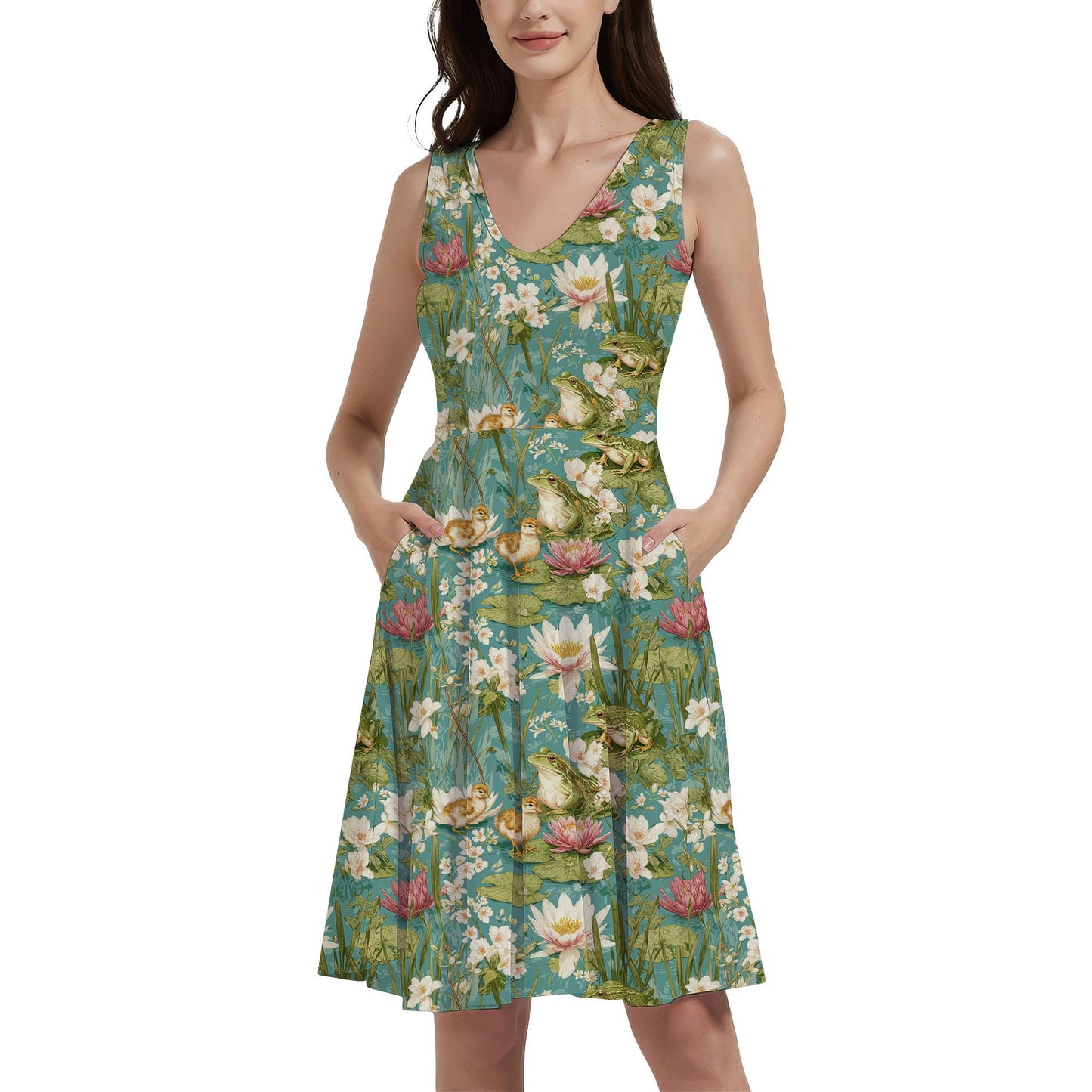 a woman wearing a green floral dress