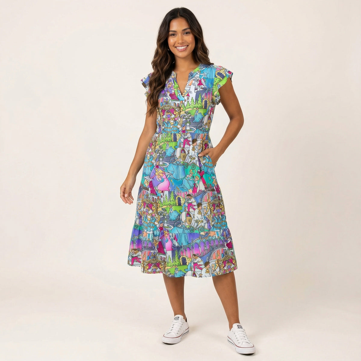 Glass Slipper Storybook Scenes - Women's Tiered Pocket Midi Dress